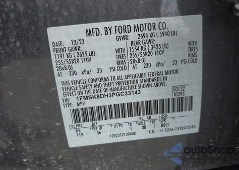 2023 Ford Explorer Xlt z USA, uszkodzony, nr VIN 1FMSK8DH3PGC33143